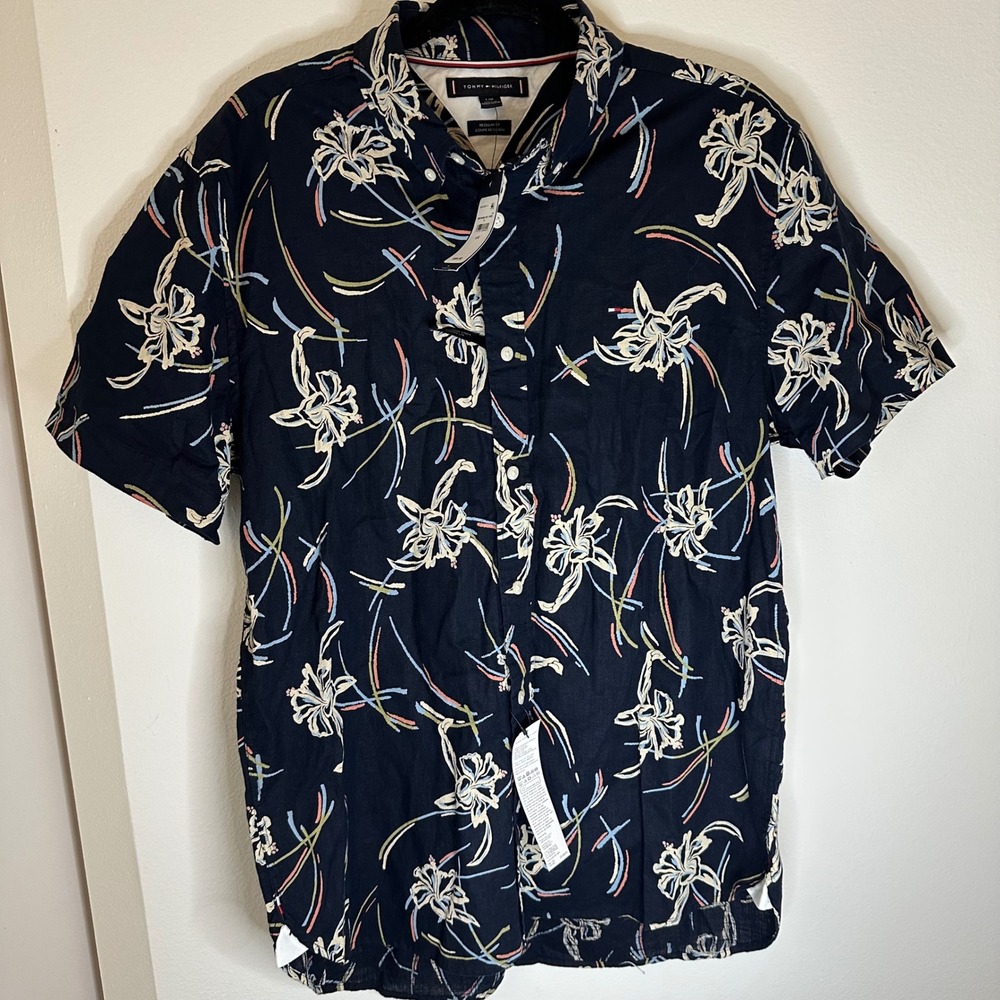 NWT Men's Tommy Hilfiger Size L Cotton Linen Short Sleeve Button Down Navy Print - Picture 2 of 6